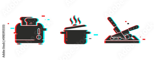 Toaster, steaming pot, chopping board with knives in kitchen icons on white background. Glitch effect