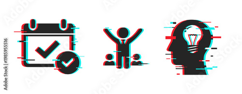 Checklist calendar marked, person celebrating, idea head icons. Glitch effect