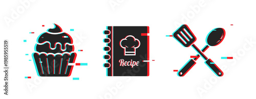 Cupcake, recipe book and utensils illustrating baking and cooking. Glitch effect