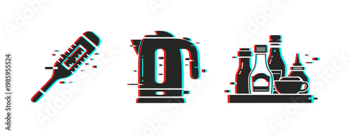 Thermometer electric kettle and condiments arranged on white background. Glitch effect
