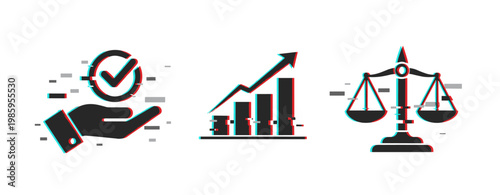Business icons representing approval growth and justice. Glitch effect