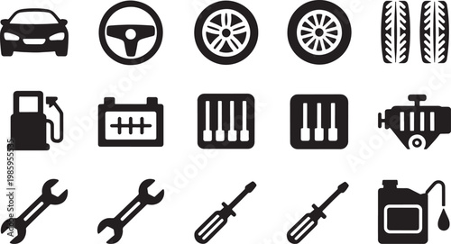 Black and white representing car parts and repair tools automobile vehicle