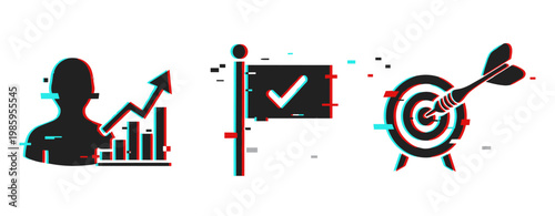 Business growth flag validation and target achievement icons. Glitch effect