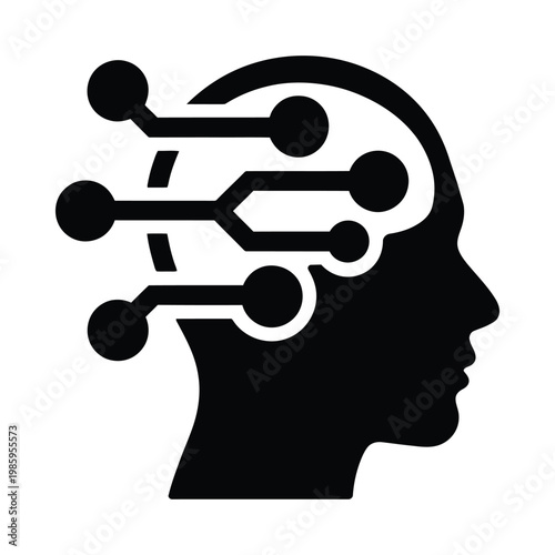 A stylized black and white illustration depicts a human head connected to digital circuits and nodes