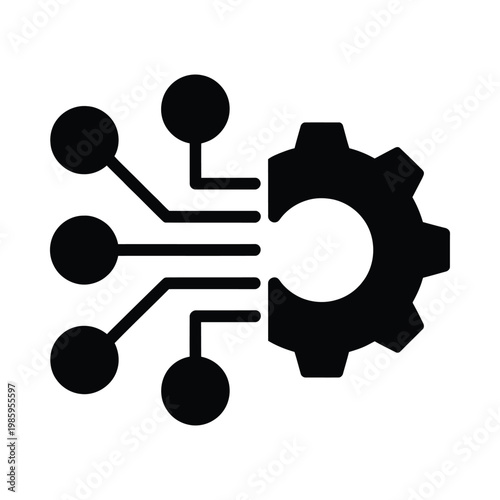 A stylized black icon depicting a gear connected to several circular nodes via branching lines