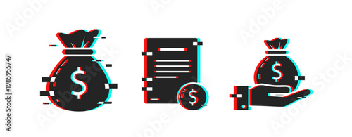 Conceptual glitch art: finance symbols with money bag, coin, and hand