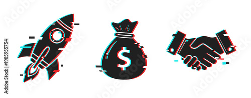 Rocket money bag handshake icons in digital glitch style
