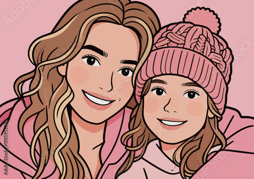 Illustration of Mother and Daughter in Pink