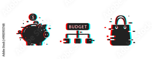 Budget planning concept with piggy bank and shopping bag icons
