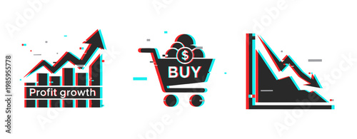 Abstract financial icons: profit growth, shopping cart, market decline