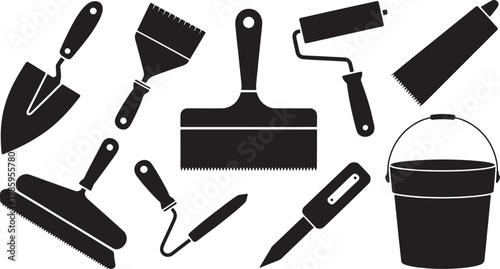 Black and white silhouette collection of various painting and tiling tools trowel