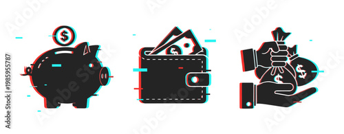 Glitch style piggy bank, wallet, and money bag icons with dollar symbols