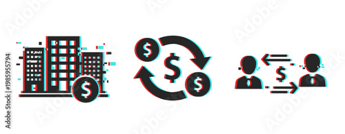 Glitch style business icons depicting finance and transaction concepts