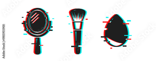 Glitch art makeup tools: mirror, brush, sponge in anaglyph style