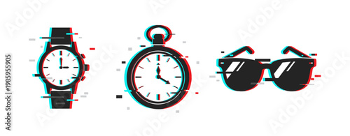 Stylized glitch art of wristwatch, pocket watch, and sunglasses in retro design