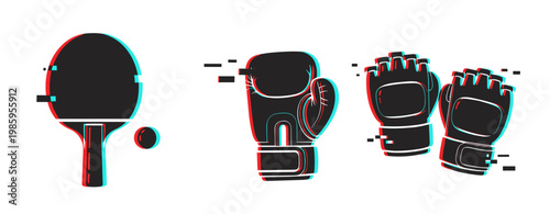 Energetic sports equipment: table tennis paddle, boxing gloves, mma gloves with digital effect