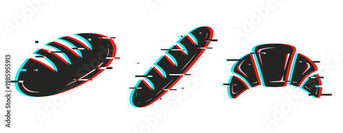 Glitch art bakery bread trio: loaf, baguette, and croissant in digital style