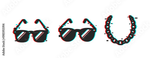 Glitch art: sunglasses and chain necklace with 3d effect