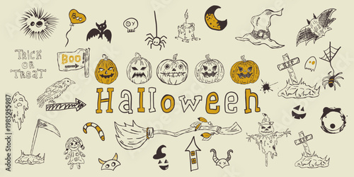 Set of Halloween illustration images Design doodle elements for Halloween celebrations, witch hats, cats, pumpkins, skeletons and much more	
