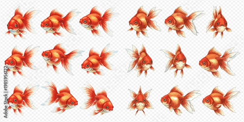 Set of goldfish in various poses and angles on a transparent background.