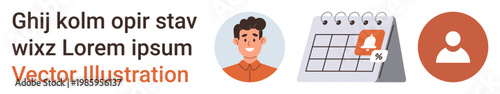 Time management, reminders, user notifications, personal profiles, digital alerts, planning. A calendar with an alert symbol, user avatar and profile . Time management and reminders concept