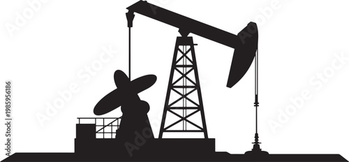 Black silhouette of an oil pump jack on a white background black and white industrial