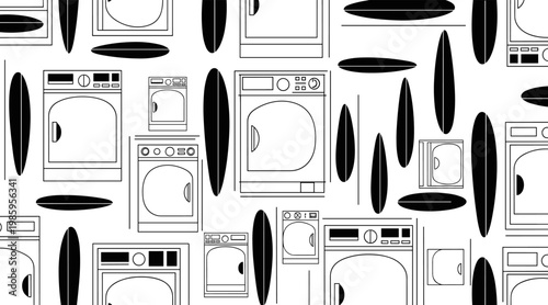 Laundry appliance and surfboard icons on repeated pattern, no seamless
