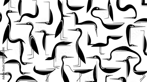 Herons in varied poses forming repeating pattern on white, no seamless