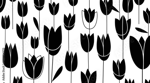 Tulip silhouettes standing on thin stems across white background, no seamless
