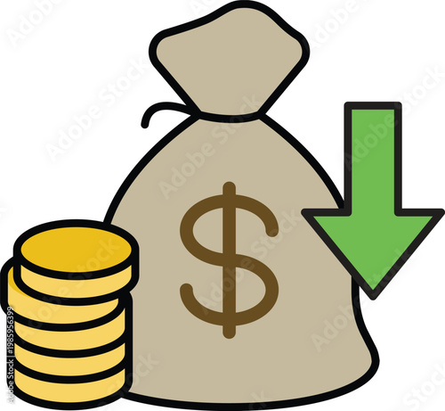 Money bag with dollar sign and gold coins next to a green arrow pointing down in flat style.