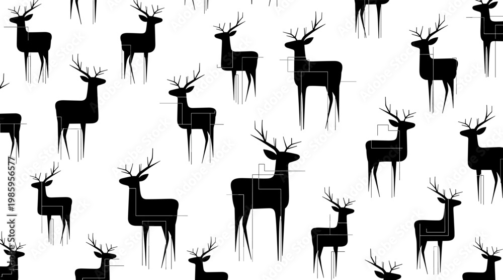 Fototapeta premium Deer silhouettes standing in repeating pattern on white background, no seamless