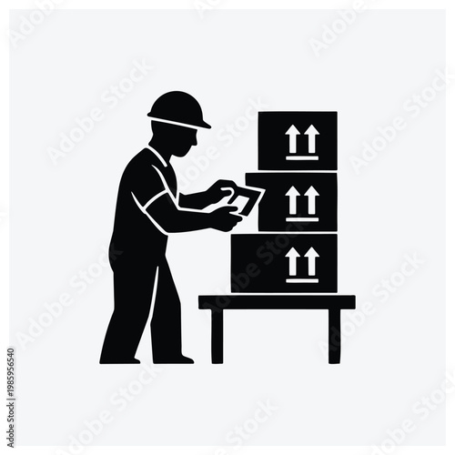 Man worker stacking or moving boxes with arrows