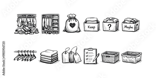 Hand-drawn icons illustrating the process of decluttering and organizing clothes