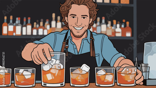 Bartender Preparing Old Fashioned Cocktails with Ice
