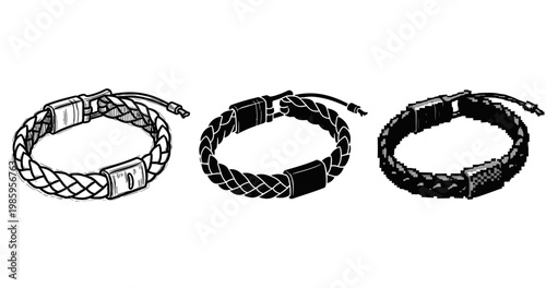 Set of three stylish braided wristbands with clasp in black and white design