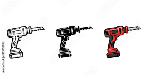 Illustration of three electric cordless jigsaws in black, white, and red