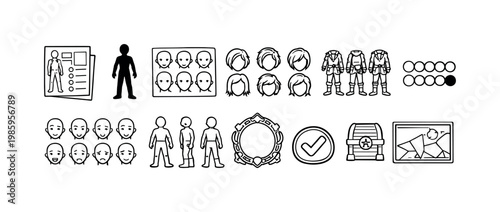 Collection of simple hand-drawn icons for game design and character creation