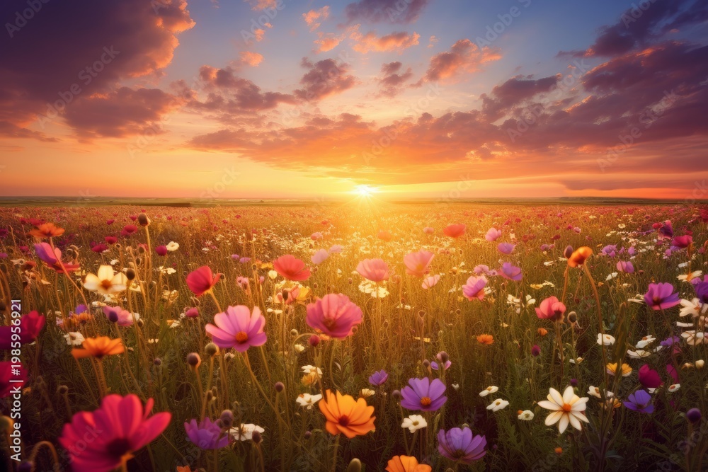 Fototapeta premium Diverse wildflowers filling a field bathed in warm golden light under a dramatic sky