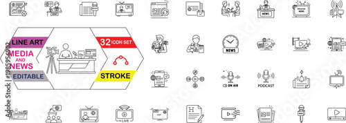 Media and News Line Art Vector Icon Set: Editable Stroke Collection Featuring Journalism, Live Broadcasting, Breaking News, Podcast, Television Reporter, and Digital Mass Communication Outline Icons 
