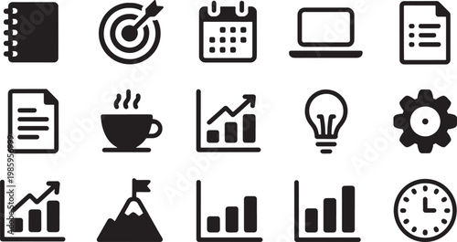 Collection of black and white business and finance including notebook target calendar laptop document coffee cup charts lightbulb gear mountain and