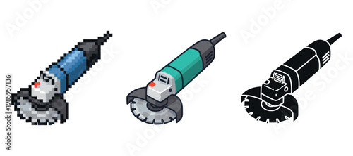 Angle grinders: pixel, realistic, and silhouette styles displayed
