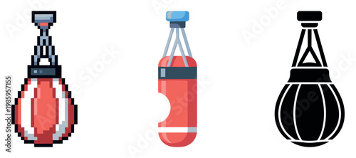 Set of three punching bag icons: pixel art, flat design, silhouette styles