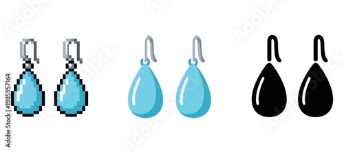 Set of three teardrop earrings: pixelated, blue, and solid black designs