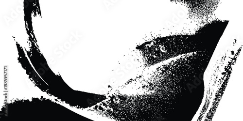 Abstract dark ink brush stroke with rough texture on white background isolated