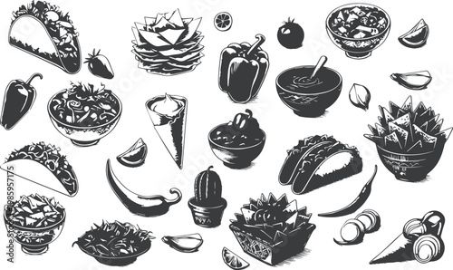 A festive collection of traditional Latin American food icons, including tacos, nachos, and chili peppers, hand-drawn in a vintage sketch style