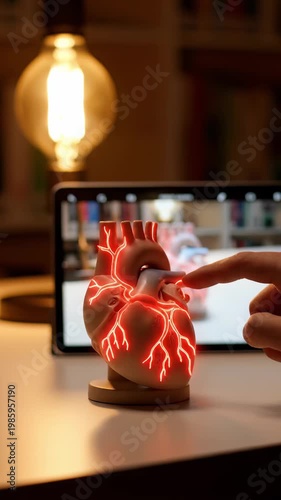 A finger touches a heart sculpture, sending vibrant streams of electric energy through it, blending art and technology in a cozy atmosphere.