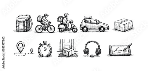 Hand-drawn icons representing courier services, delivery, and logistics operations