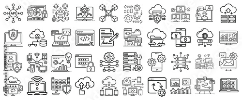 cloud computing and cybersecurity line icons set eps, modern technology collection with api data protection artificial intelligence coding analytics network saas mobile devices