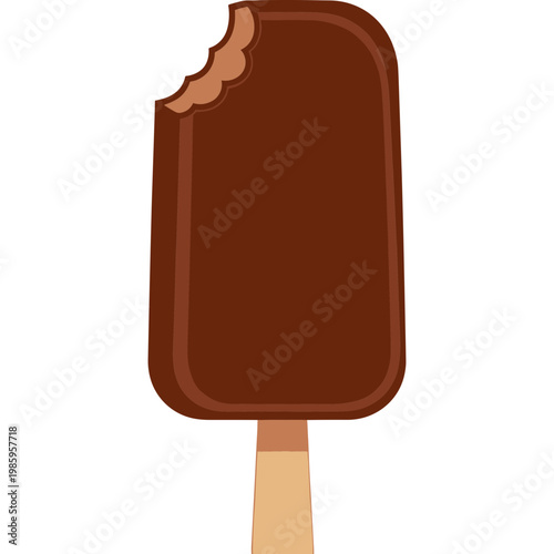 A chocolate ice cream bar with a bite taken on a wooden stick
