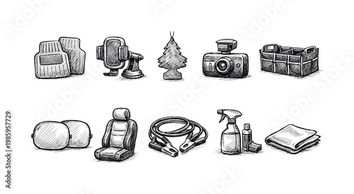 Collection of hand-drawn car accessories and cleaning supplies for vehicle maintenance